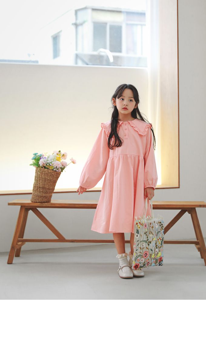韓國 J KIDS - 優雅公主翻領連身長袖洋裝-蜜桃粉