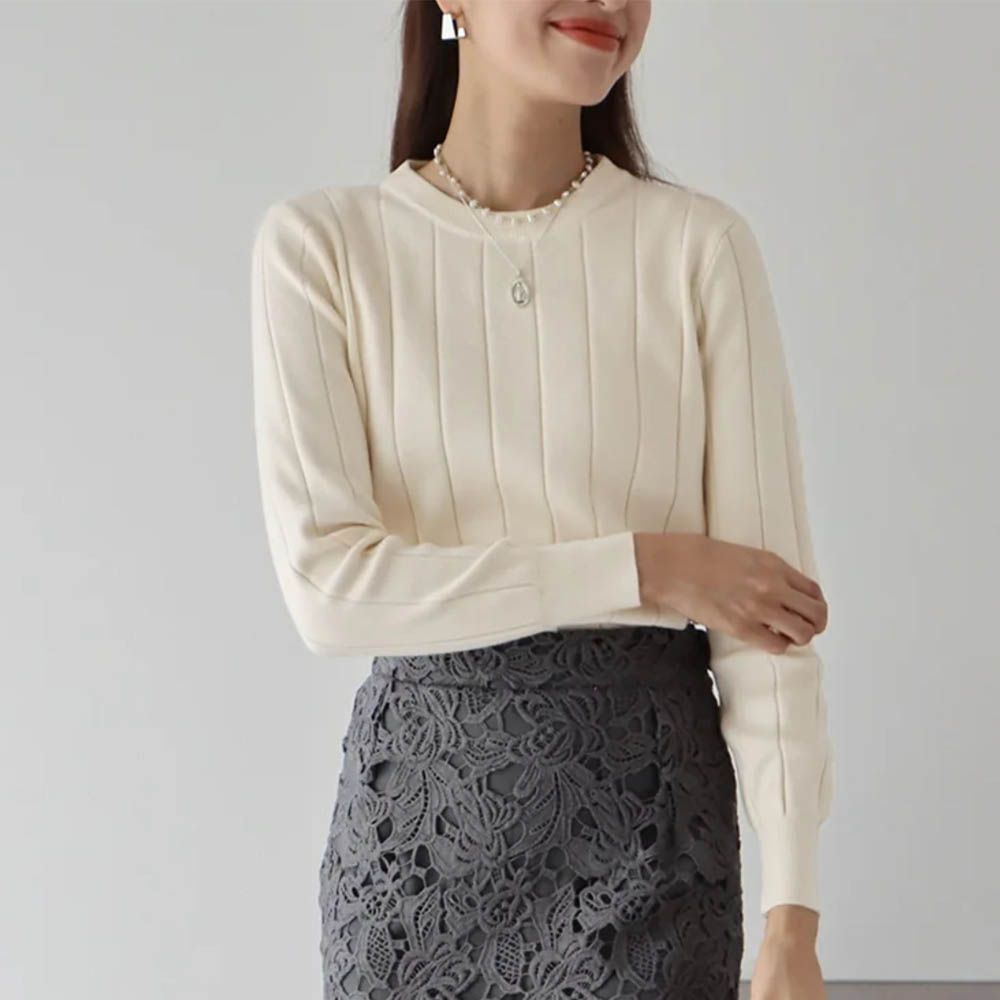 圓領粗坑條長袖針織上衣-奶油杏