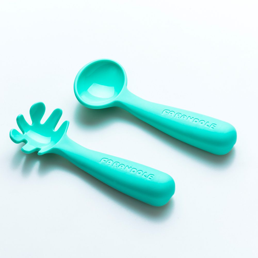 FARANDOLE 法紅荳 - 小麵撈 & 小湯匙聰明學習餐具組-藍綠