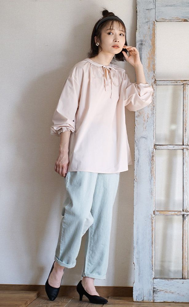 日本 zootie - 2way氣質綁帶輕薄光澤感長袖上衣-灰藍