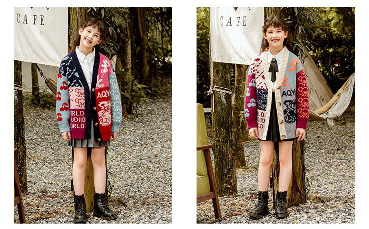 提花小熊針織毛衣外套-深藍色