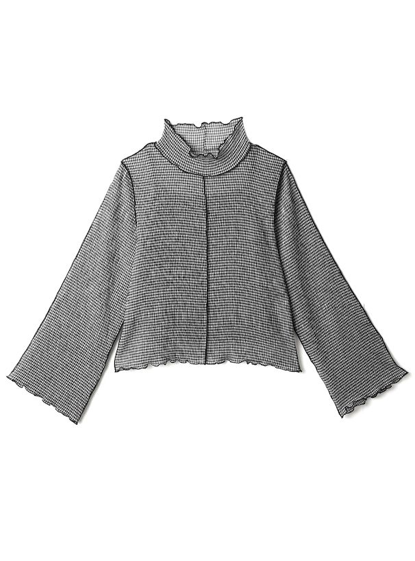 日本 GRL - 木耳領透膚長袖上衣(附內裡)-細格紋-時尚黑