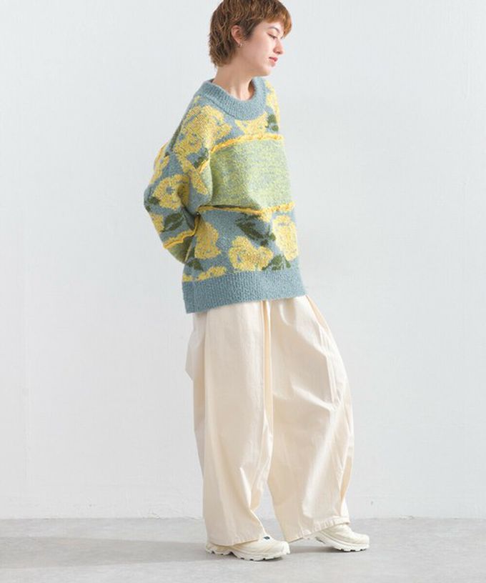 日本 Lupilien - 毛茸感華麗大花朵針織上衣-炭灰x黃