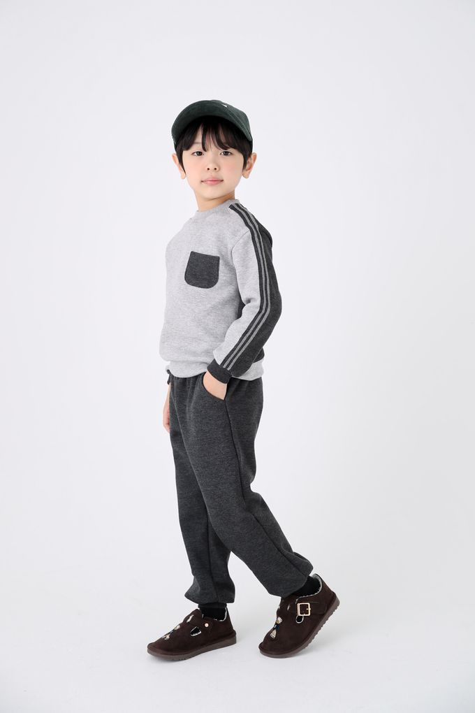 韓國 Coco Bang - (兩件式)肩膀線條拼色長袖套裝-灰X深灰