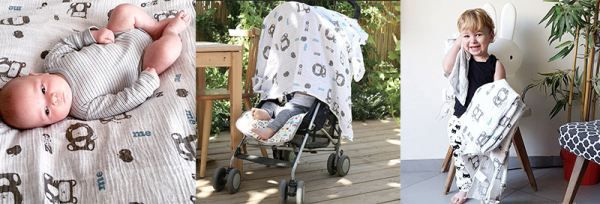 以色列 mezoome - 有機棉精品床寢-新生寶貝超值組-蜜桃紅-紗布包巾+吊掛小玩偶 亮寶羊羊