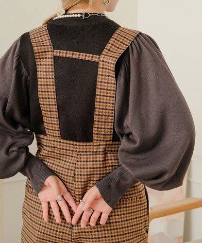 日本 Bou Jeloud - 細針織拼接泡泡袖上衣-淺卡其