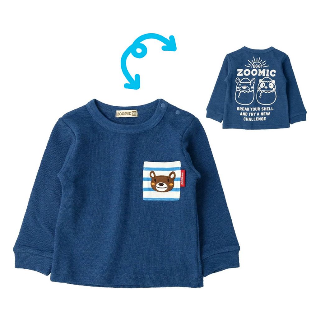 日本 ZOOLAND - 印花拼接長T-小熊口袋-深藍X藍條紋