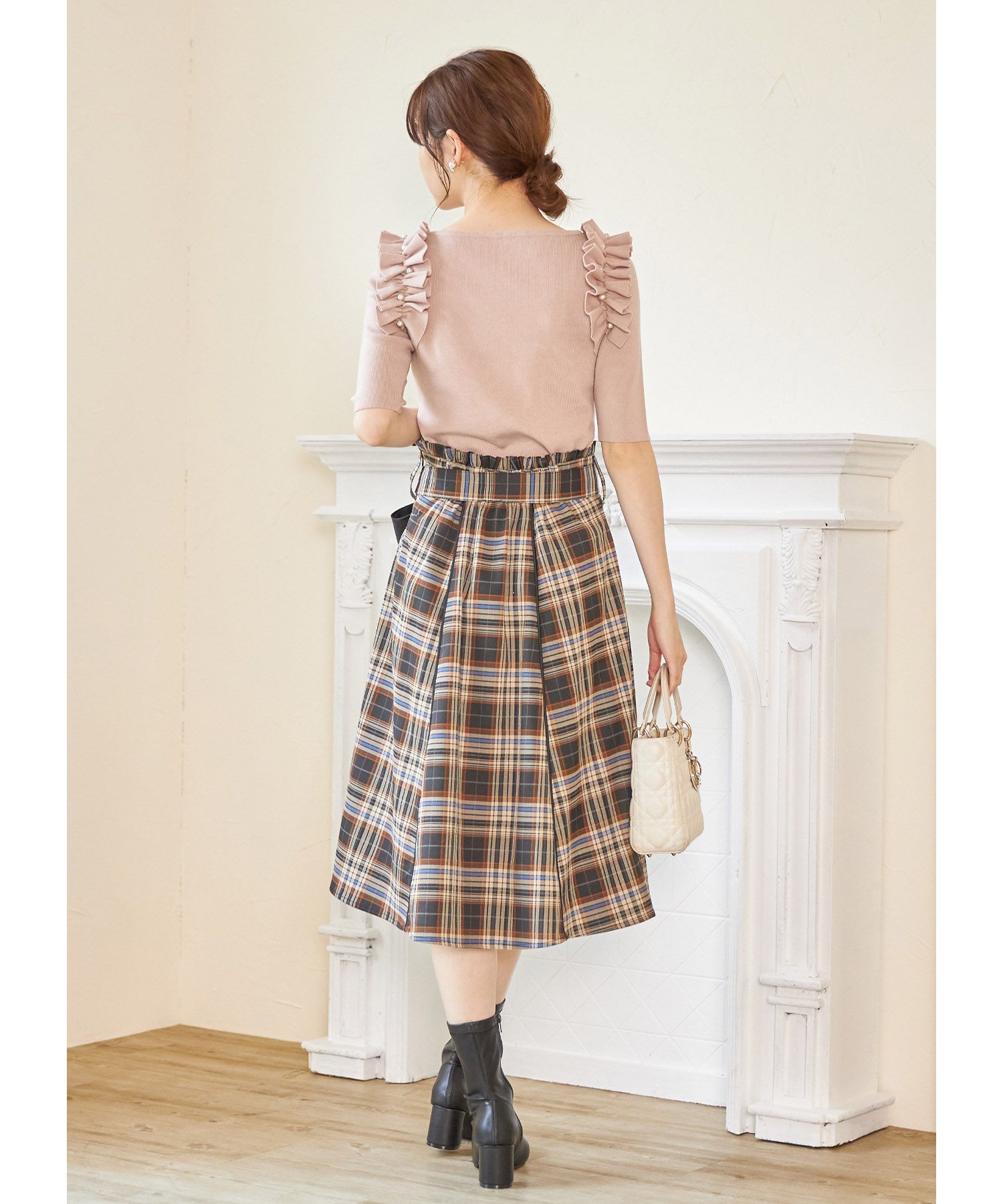 日本 tocco-closet - 蝴蝶紐結格紋修身長裙-簡約黑