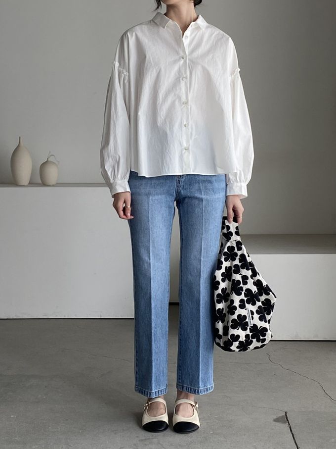 韓國女裝連線 - 極簡拼接翻領長袖襯衫-象牙白 (FREE)