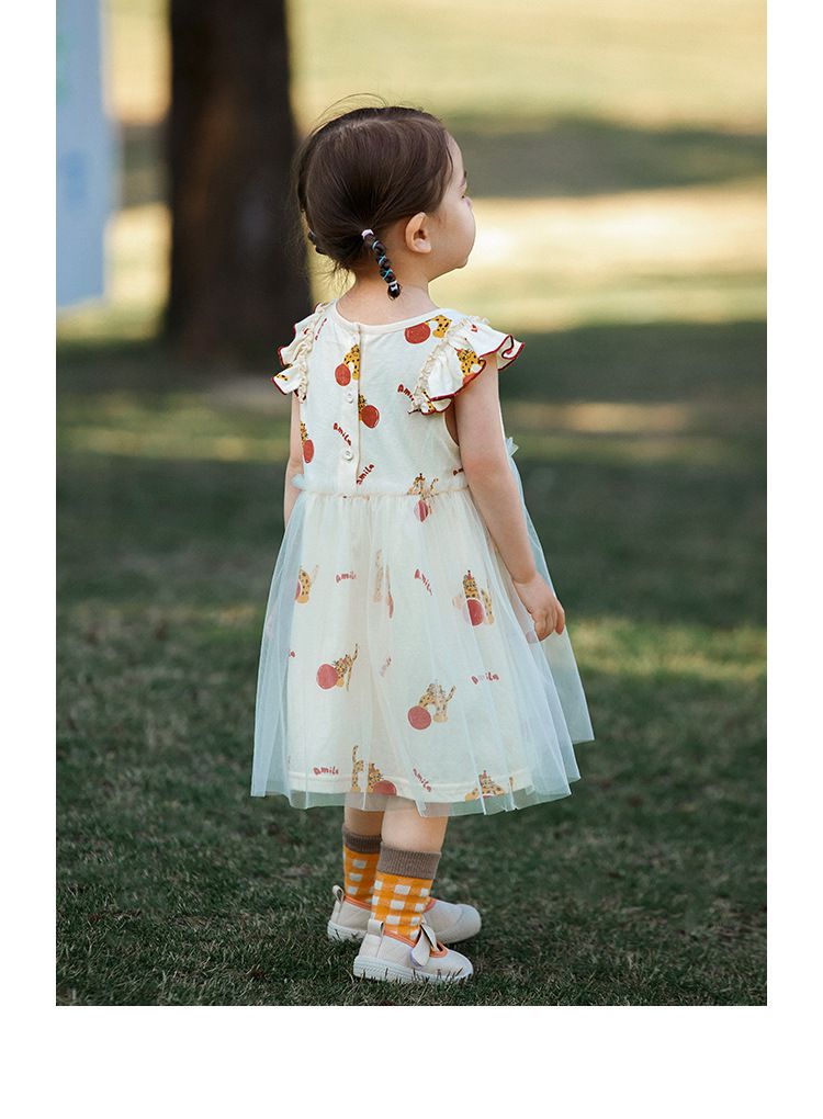 網紗公主袖連身洋裝-豹紋貓貓-白色