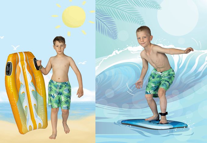 德國Playshoes - 抗UV防曬速乾男童海灘褲-綠葉夏威夷