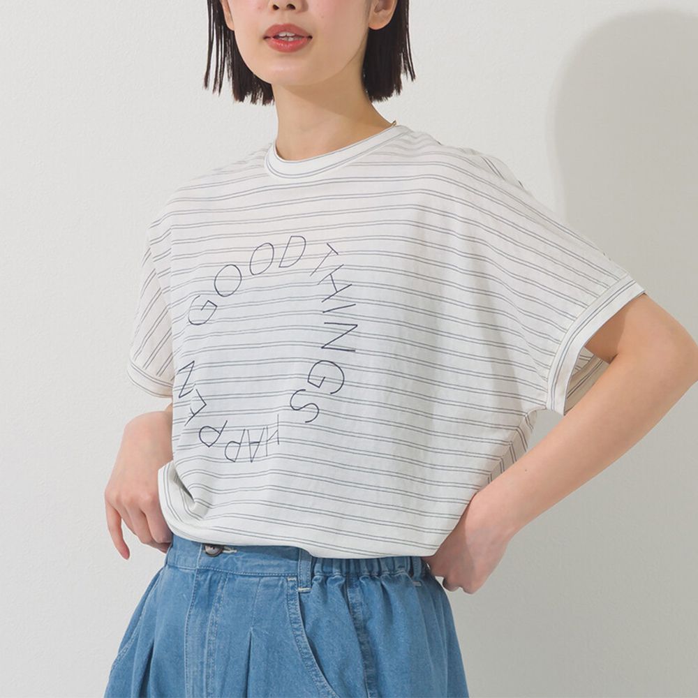 接觸涼感 簡約圓形logo法式袖上衣-灰白條紋