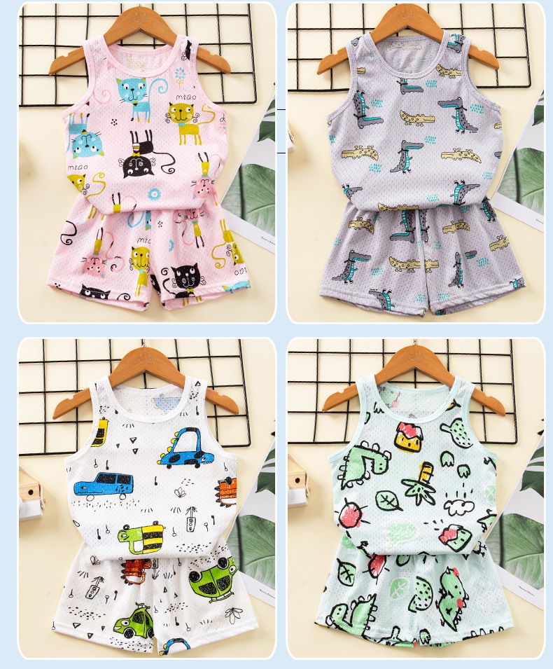 卡通網眼洞洞無袖家居服套裝/空調服-貓咪-粉色