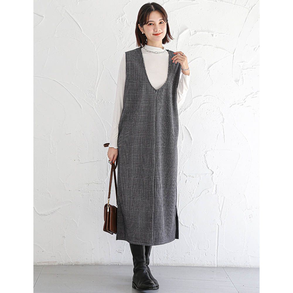 毛呢感V領背心裙-U領-黑灰格
