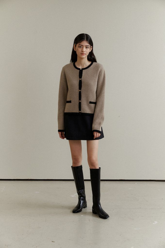 韓國女裝連線 - 百搭無領金釦針織外套-深藍 (FREE)