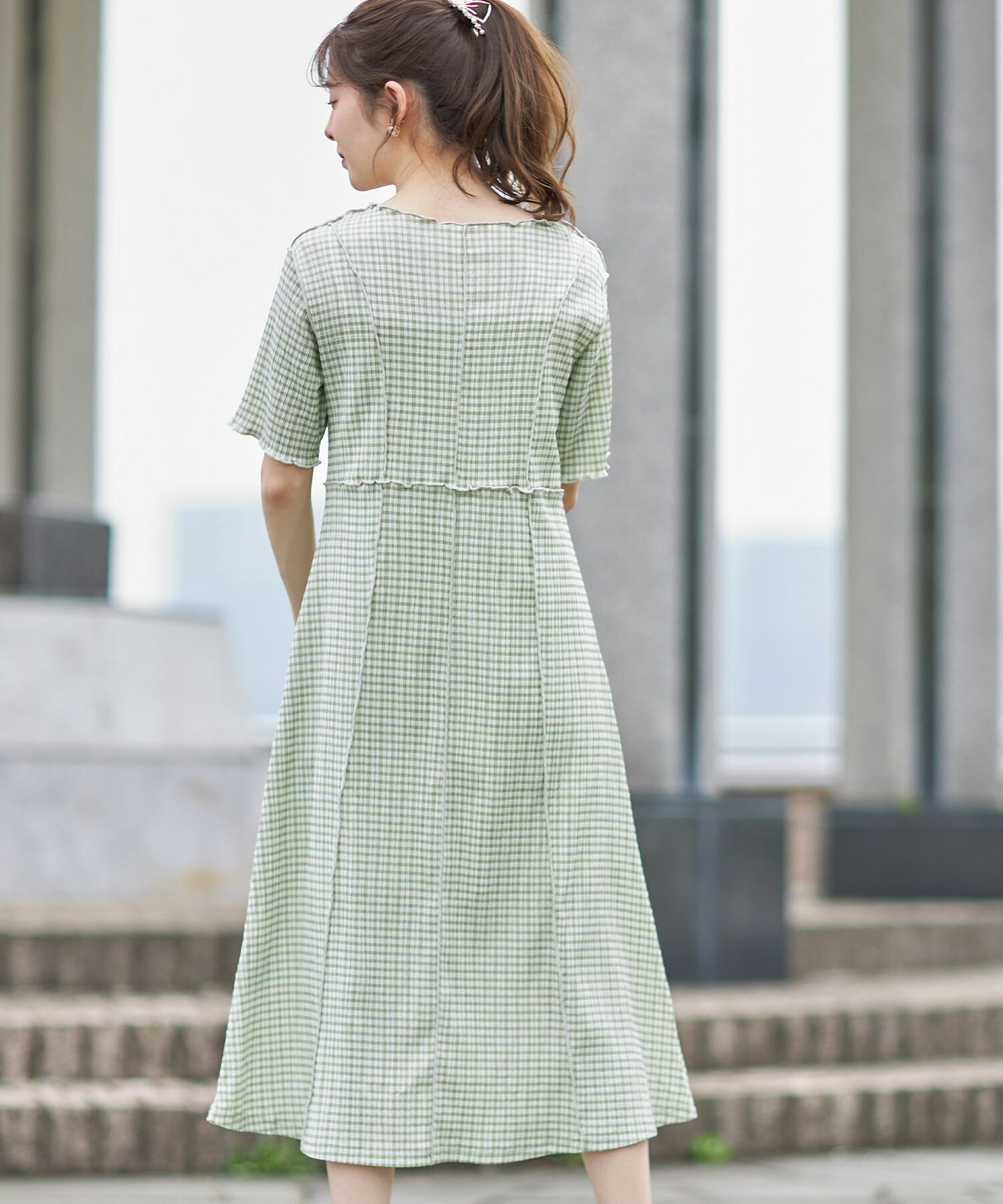 日本 tocco-closet - 修身線條五分袖洋裝-格紋-薄荷