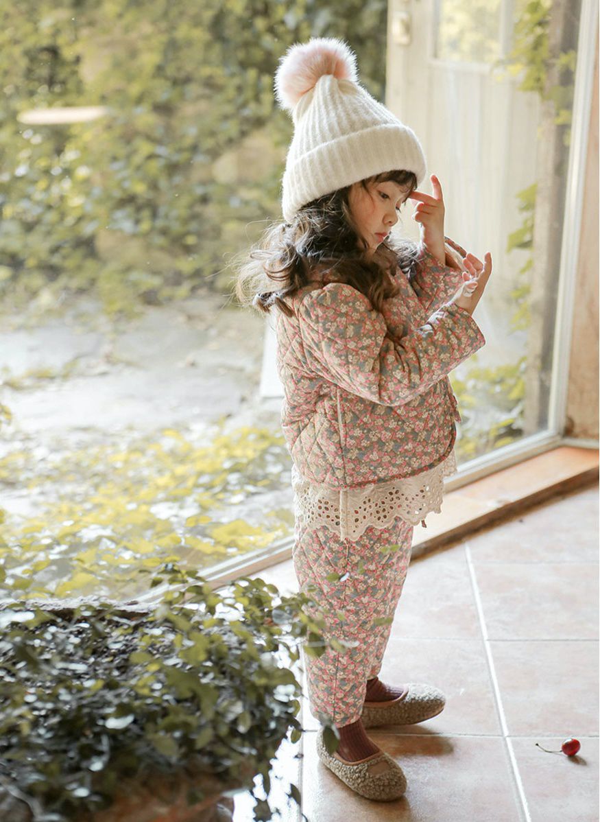 韓國 Puellaflo - 碎花菱格鋪棉外套-粉紅