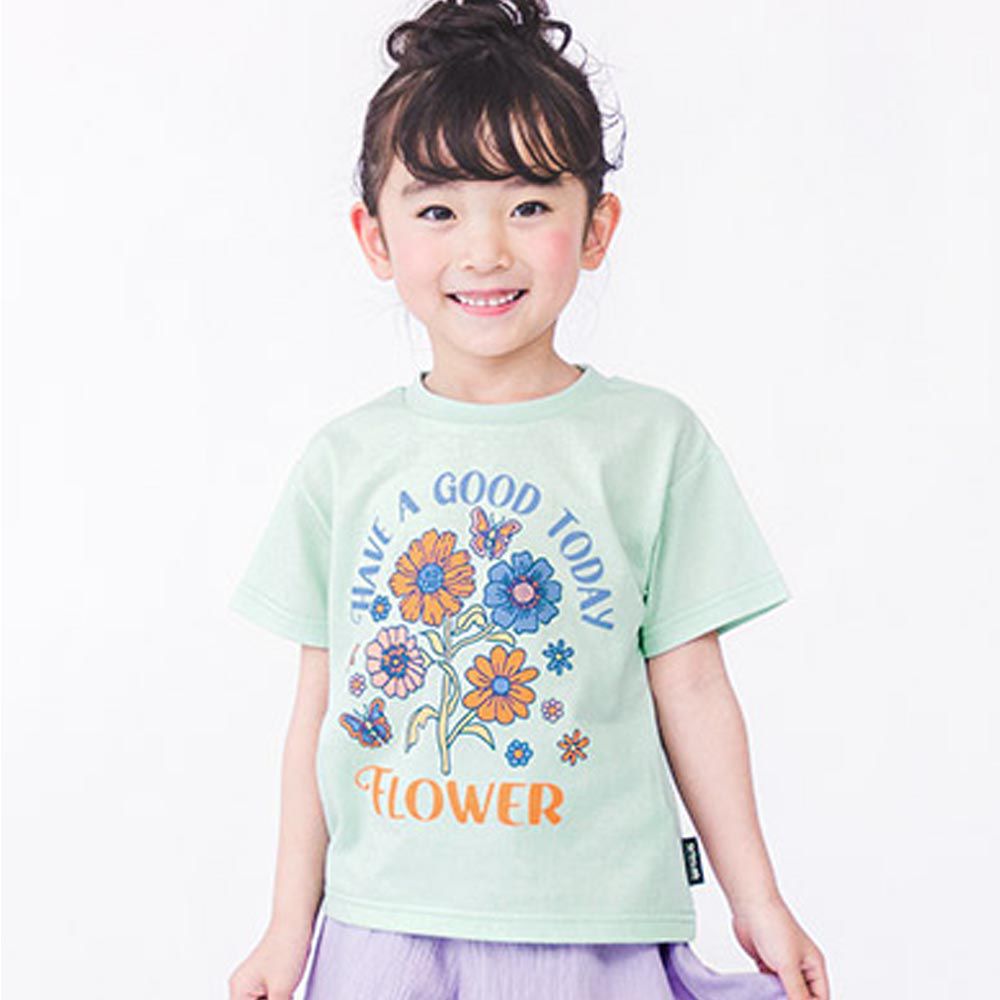 日本 ZOOLAND - 甜美女孩圓領短袖上衣-花束-薄荷綠