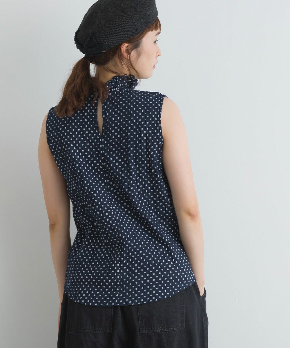 日本女裝代購 - 木耳領楊柳感無袖上衣-直條紋-深灰藍