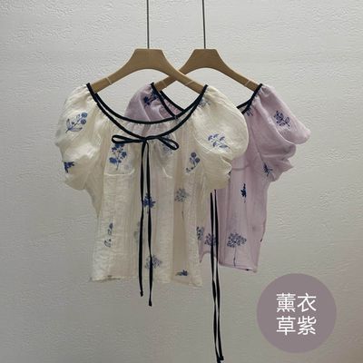 韓國女裝連線 - 刺繡花紋泡泡袖雪紡襯衫-薰衣草紫 (FREE)