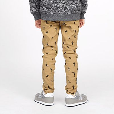 日本 ZOOLAND - 裏起毛 超彈力舒適長褲-恐龍-卡其杏