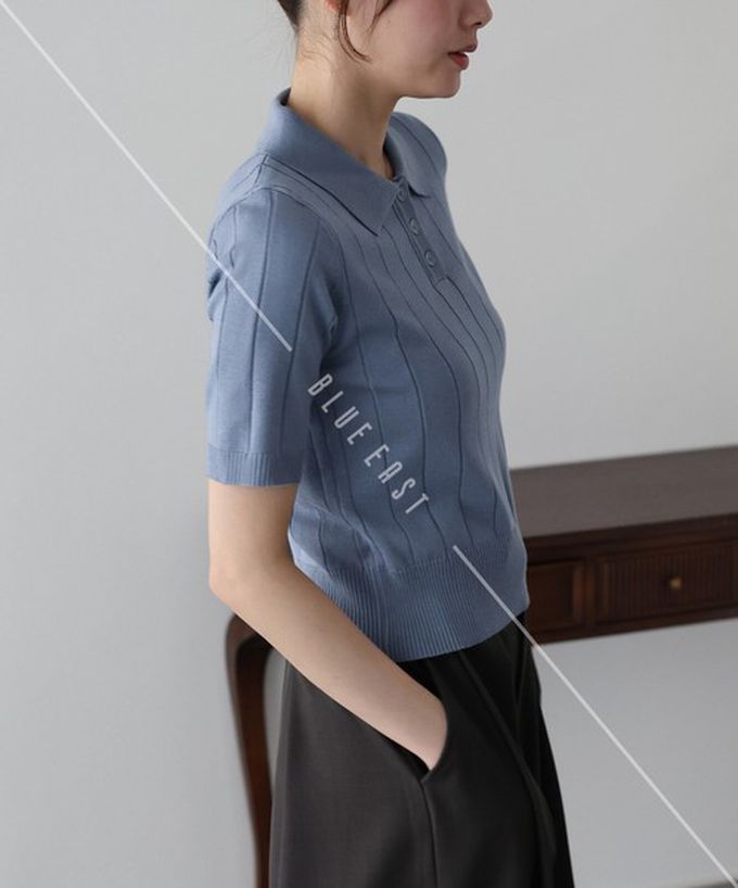 日本 BLUE EAST - 都會氣息寬羅紋針織短袖polo衫-煙燻藍