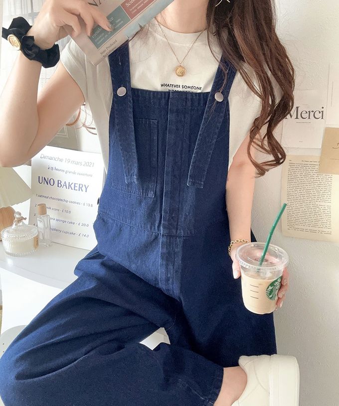 日本 Classical Elf - 純棉廓形丹寧風吊帶褲-側圓扣-象牙