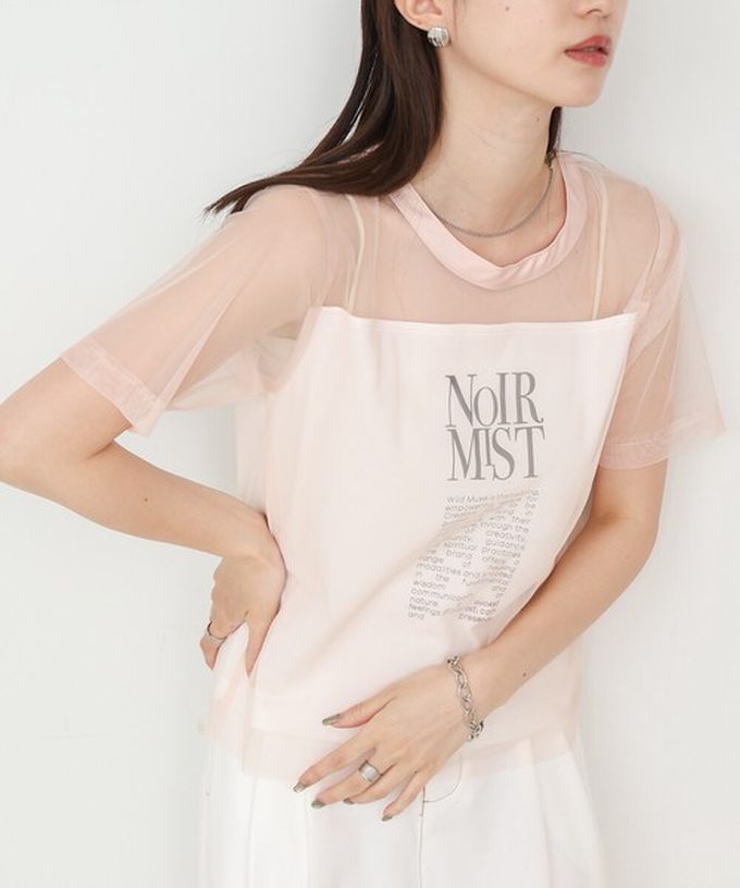 日本 Bab - 個性風透膚薄紗層次短袖上衣-英文字印花-嫩粉紅