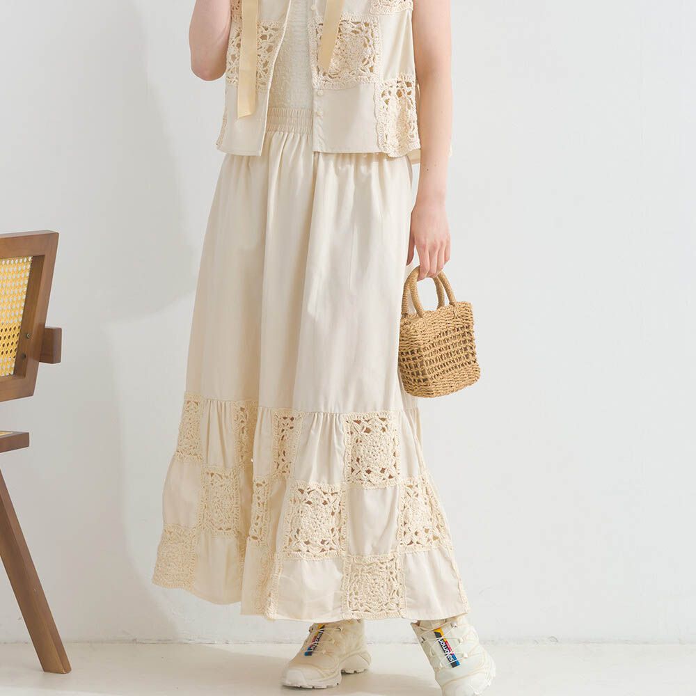 100%印度棉 自然派編織鉤針長裙-米白