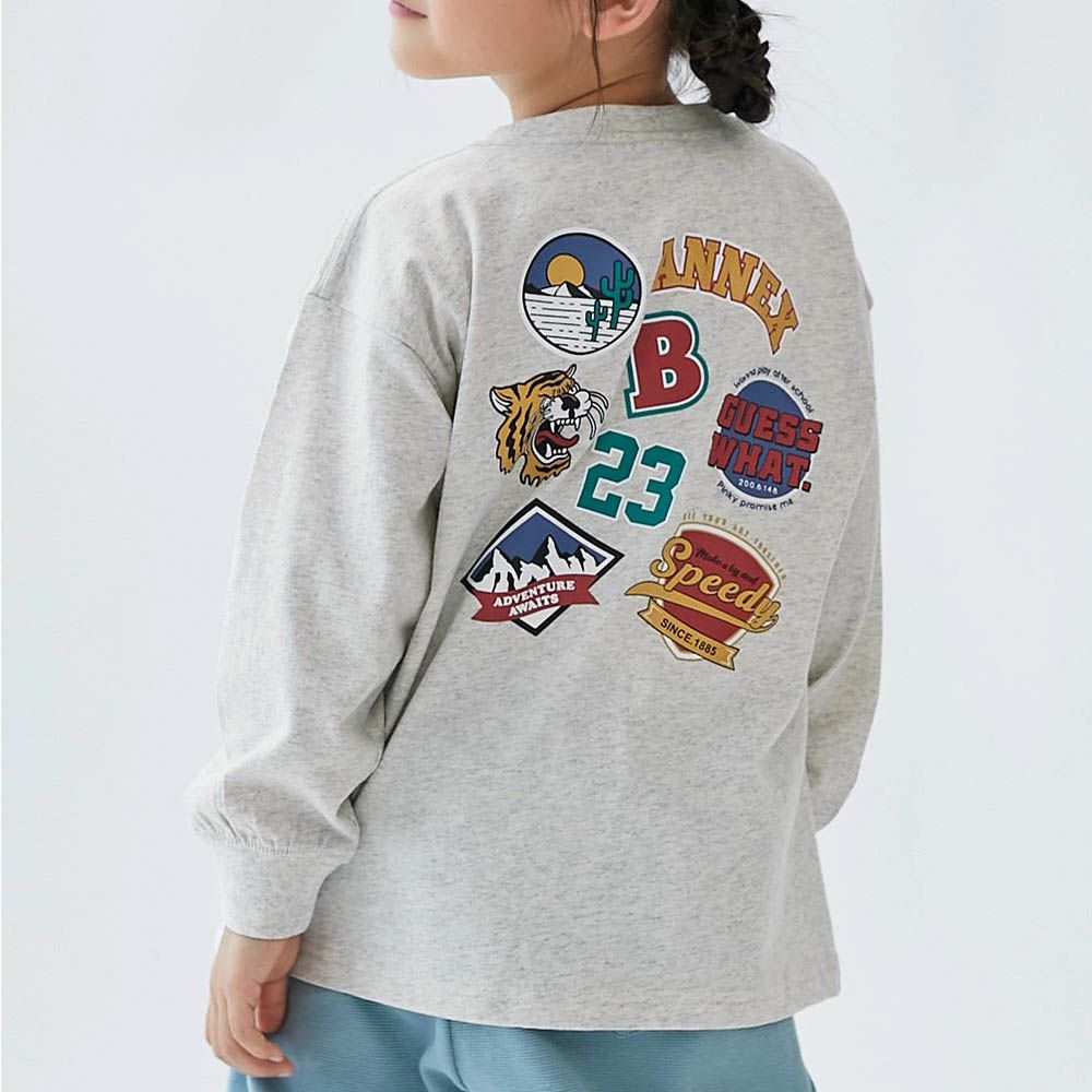 100%棉 定番印花寬版長袖上衣-個性補丁-燕麥