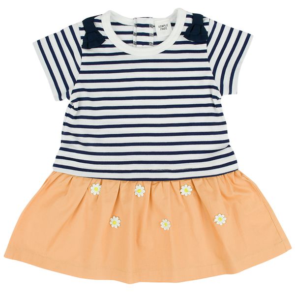 akachan honpo - 短袖拼接洋裝-條紋-淺卡其色