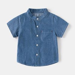 WELLKIDS - 純棉休閒立領短袖襯衫-牛仔-深藍