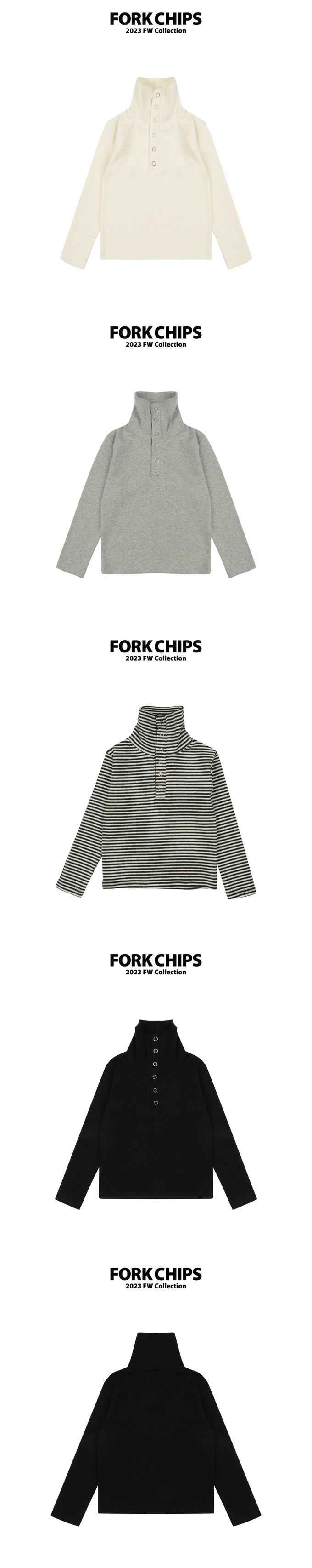 韓國 FORK CHIPS - 鈕扣高領彈性上衣-條紋