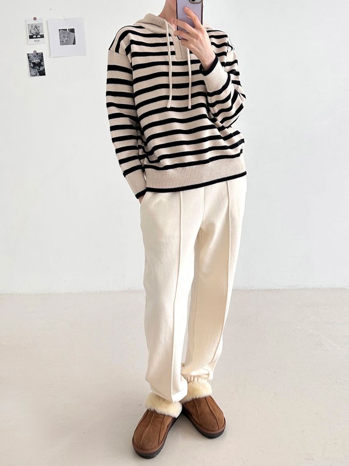 韓國女裝連線 - 經典條紋連帽長袖針織上衣-黑底 (FREE)