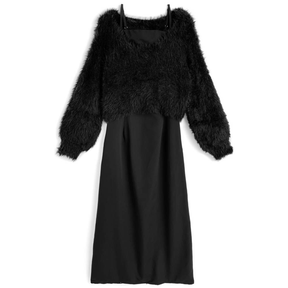 浪漫毛絨V領針織上衣+吊帶洋裝(2件組)-黑