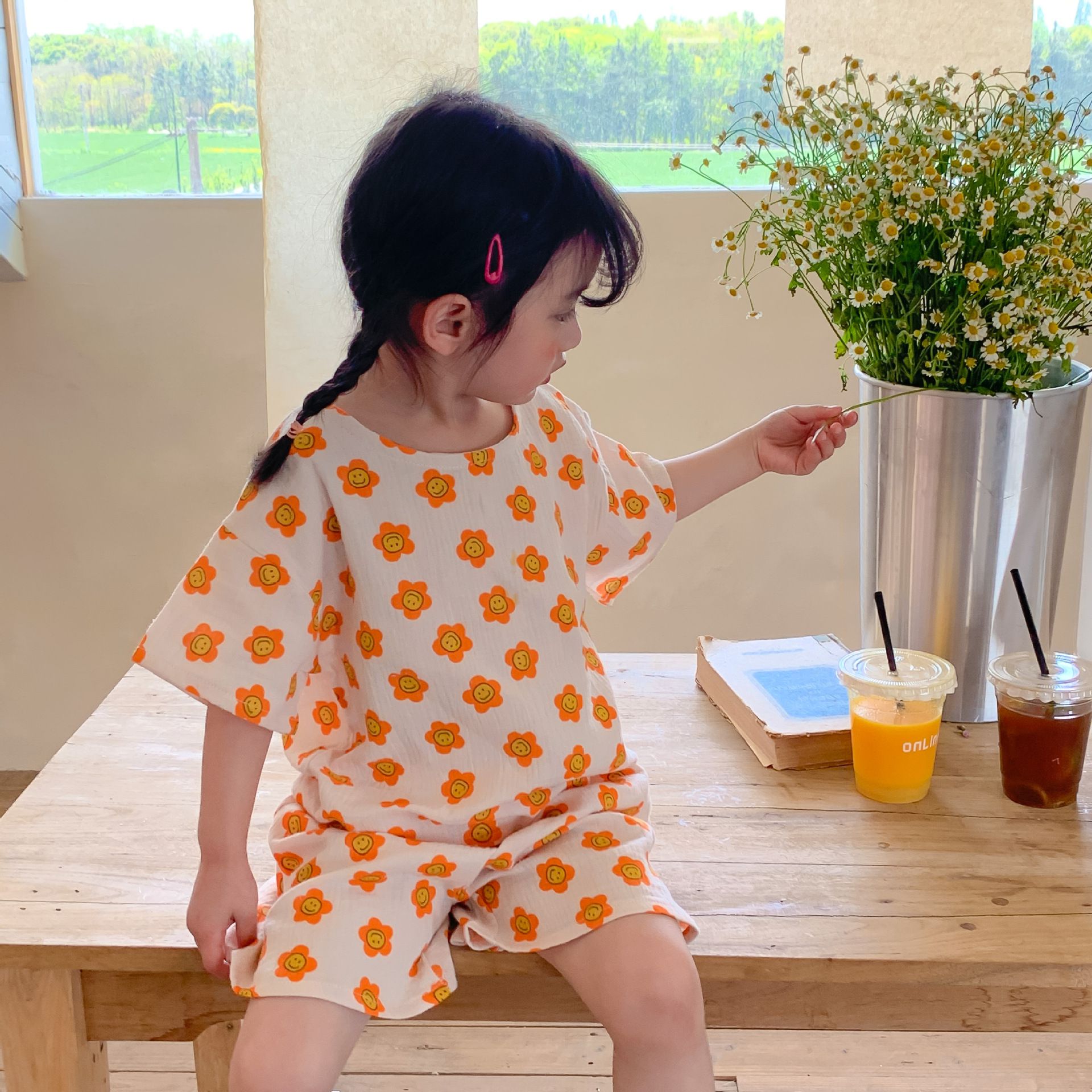 紗布棉短袖家居服套裝-小碎花-奶油色