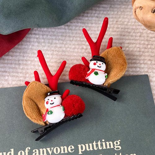 聖誕節鹿角造型兒童髮夾-可愛雪人-紅色