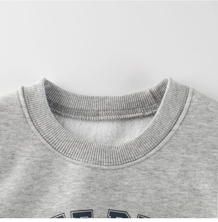 加絨棉質圓領長袖上衣/大學T-可愛熊熊-灰色