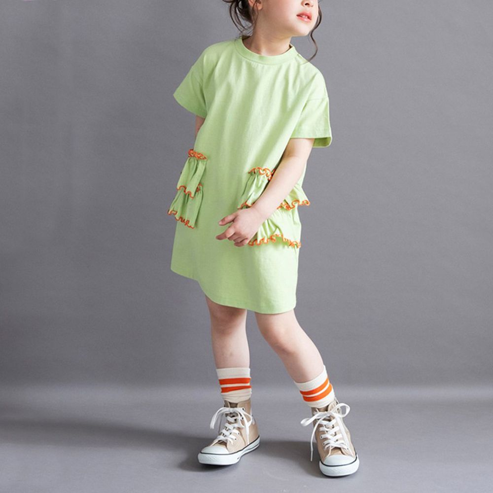 QQ滾邊柔軟天竺棉短袖洋裝-萊姆綠