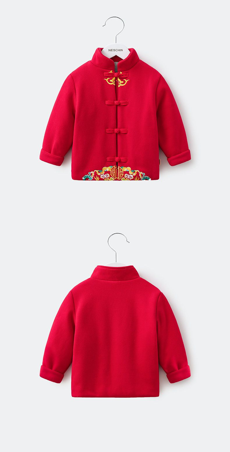 漢服風喜氣拜年立領盤釦外套-福氣祥雲-紅色