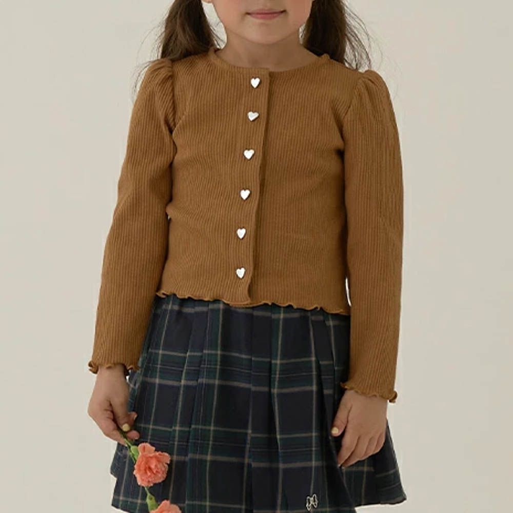 愛心鈕扣羅紋針織薄外套-焦糖棕