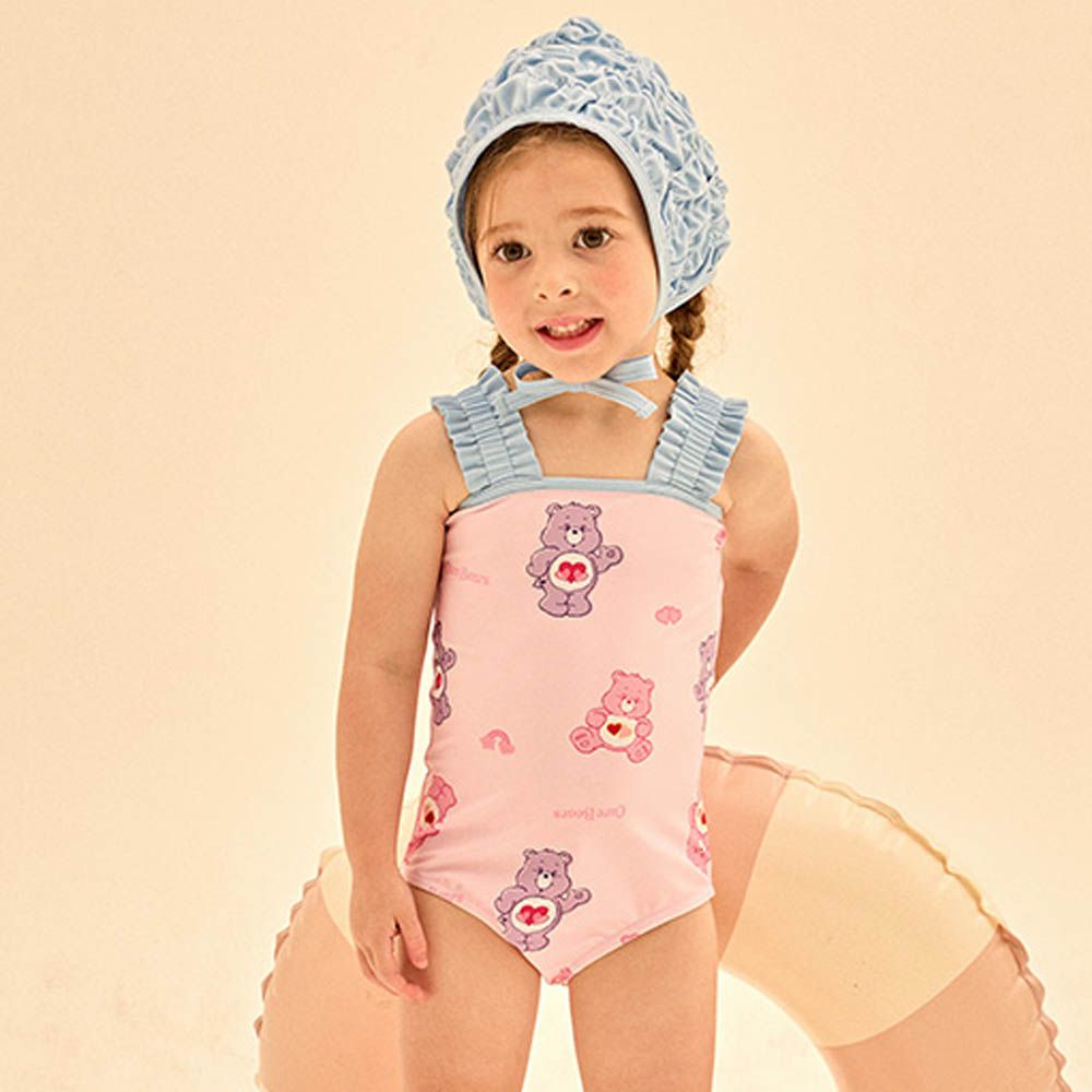 UPF 50+連身背心式泳裝(附造型泳帽)-卡通人物彩虹熊-粉X天藍