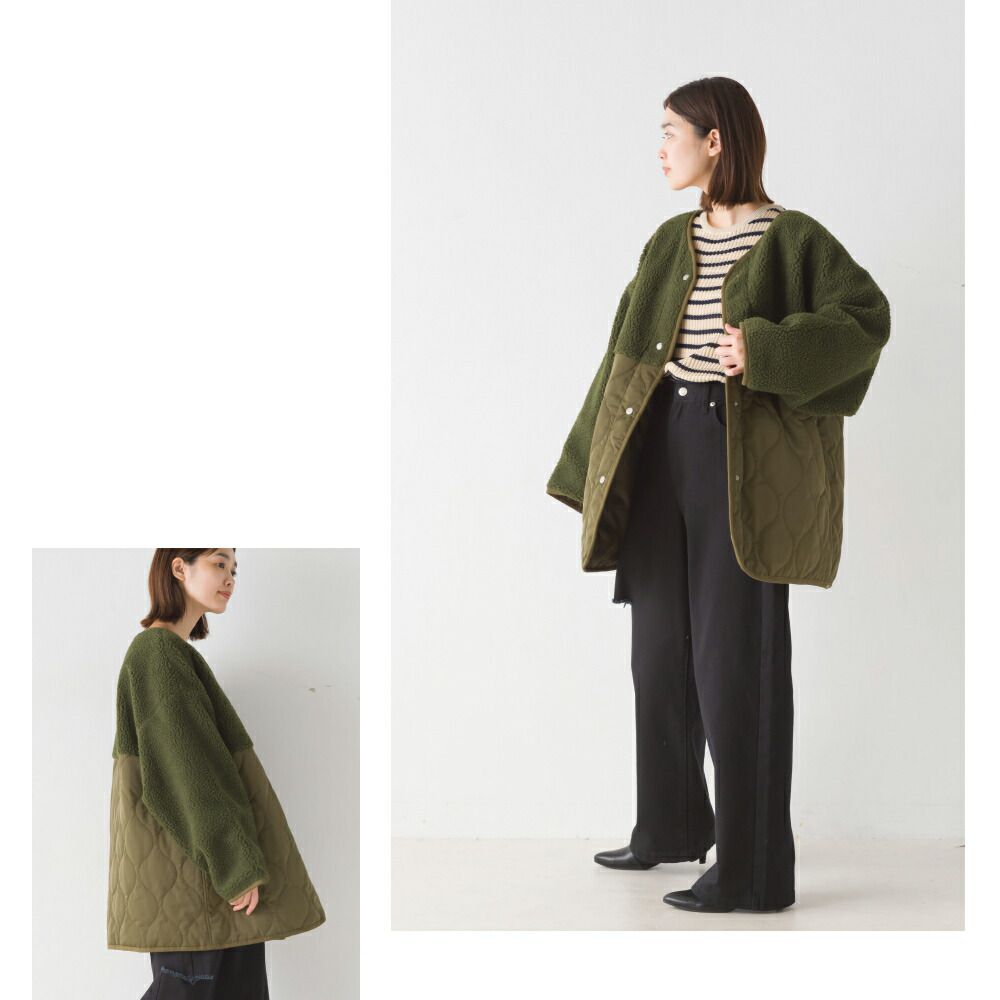 日本 OMNES - 絎縫拼接短絨鋪棉外套-象牙杏