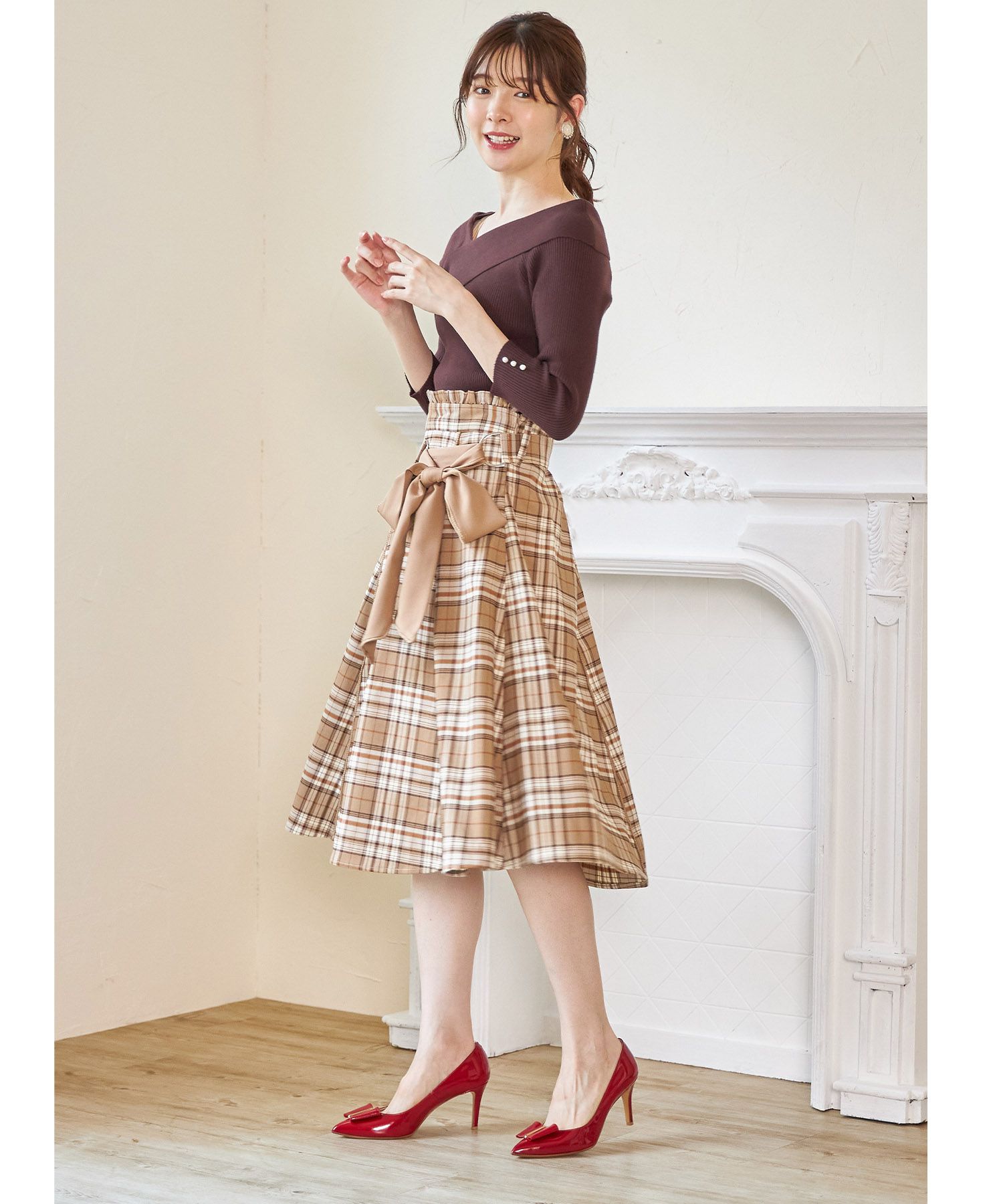 日本 tocco-closet - 蝴蝶紐結格紋修身長裙-簡約黑