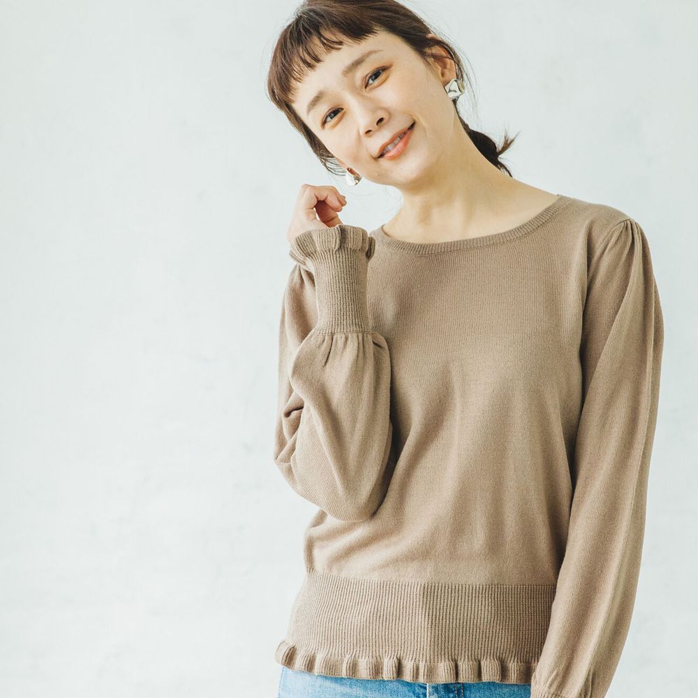 日本 PAIRMANON - 小荷葉造型袖口/衣襬薄針織上衣(媽媽)-摩卡 (FREE)