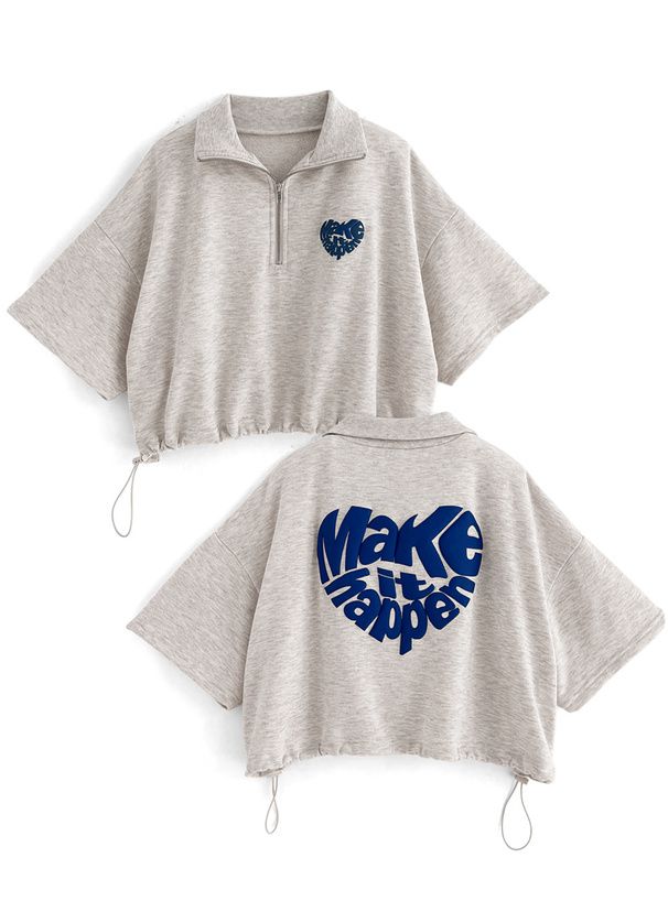 日本 GRL - 英文立體印花翻領短T-燕麥灰 (F)