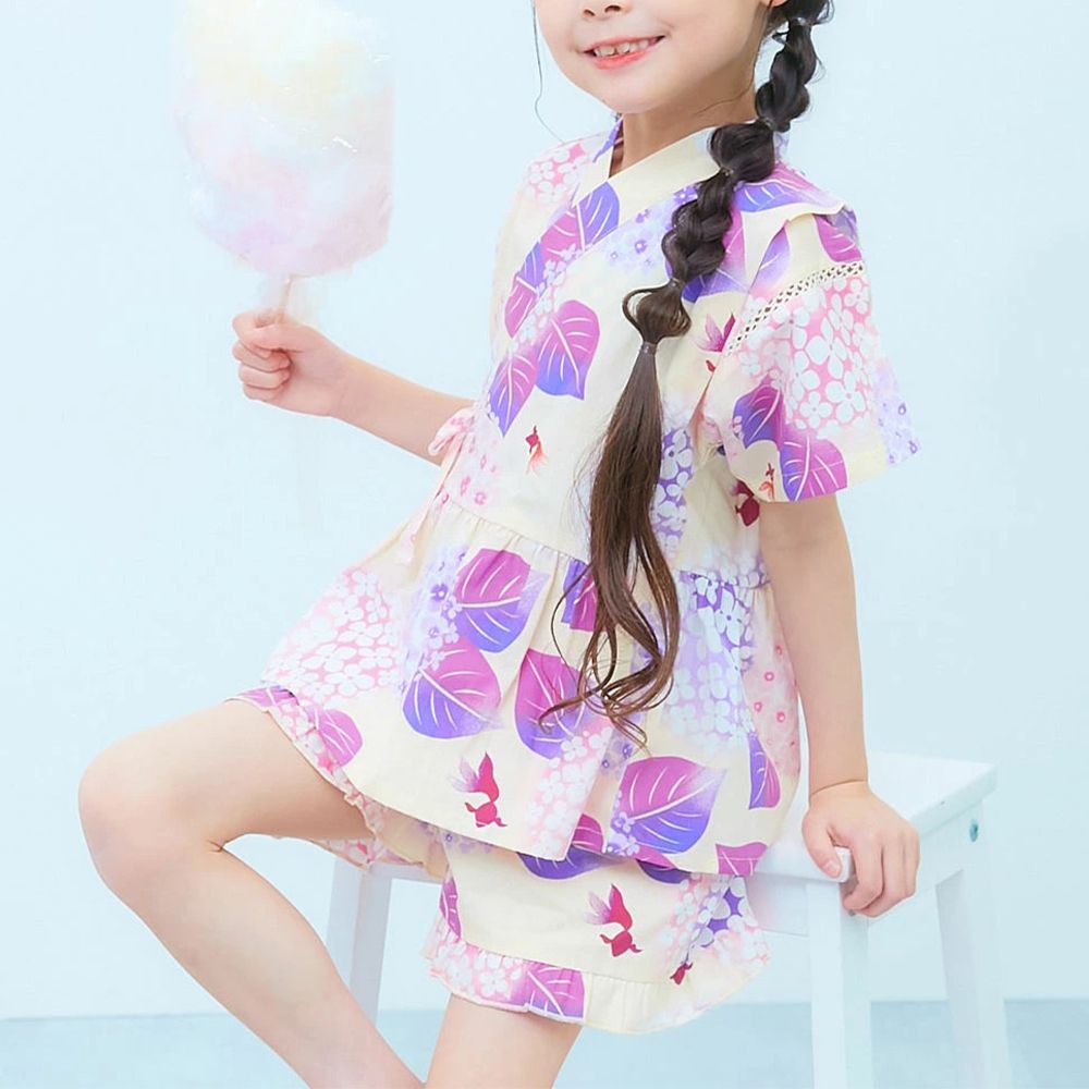 100%棉 可愛荷葉甚平套裝-粉彩繡球花-象牙白