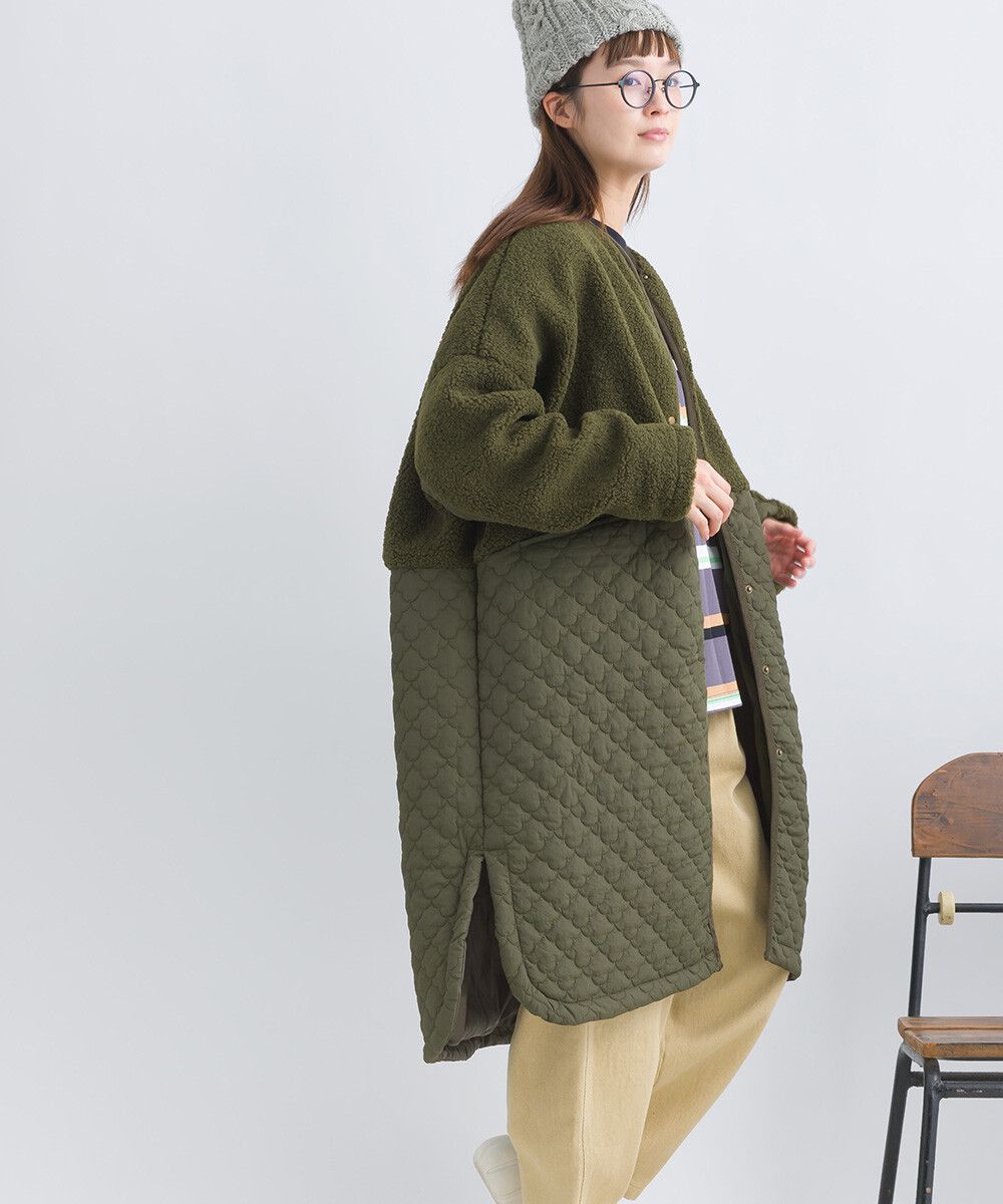 日本女裝代購 - 毛茸雲朵絎縫拼接長版鋪棉外套-軍綠