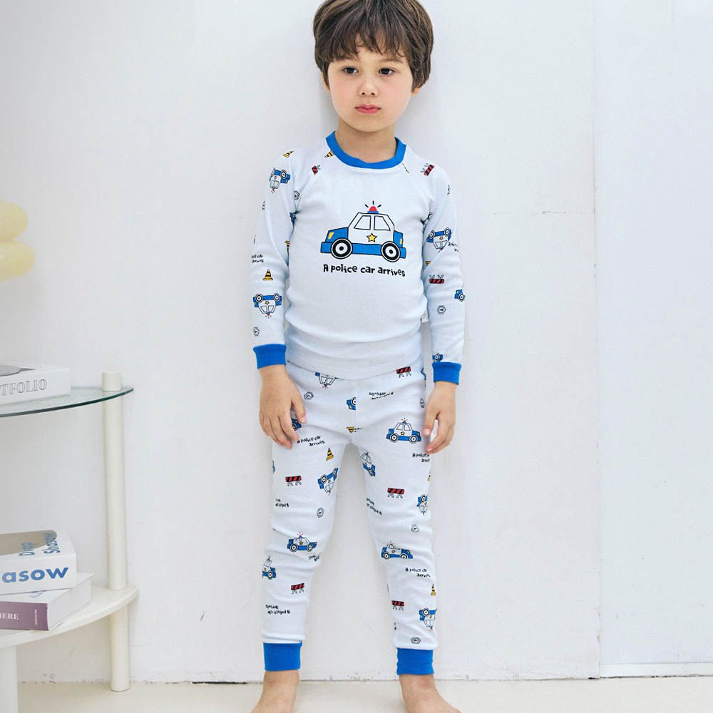 細緻柔棉彈性長袖家居服-警察車車-淺藍