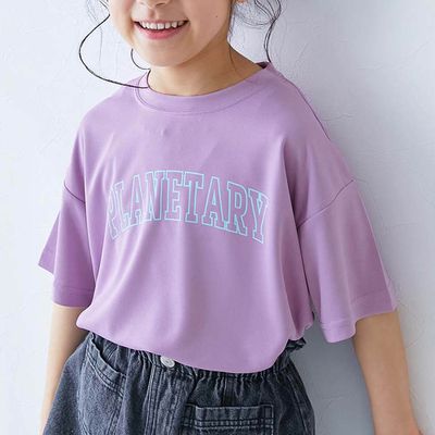 日本 devirock - 速乾網眼 女孩印花短袖上衣-英文logo-羅蘭紫